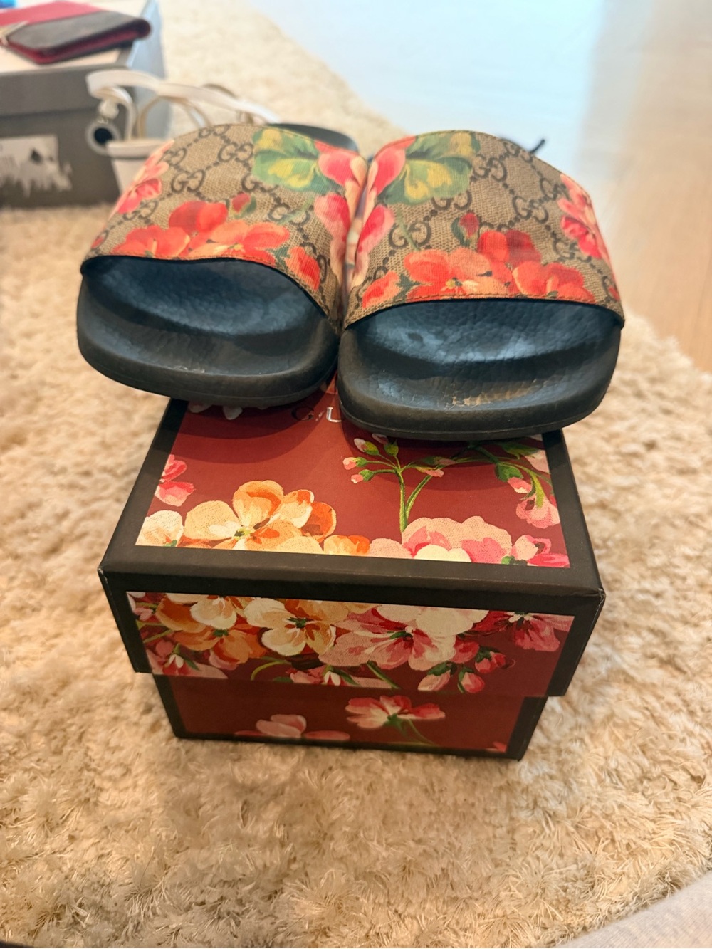 Gucci Floral GG Canvas Slide Sandals - Black, Red & Green
